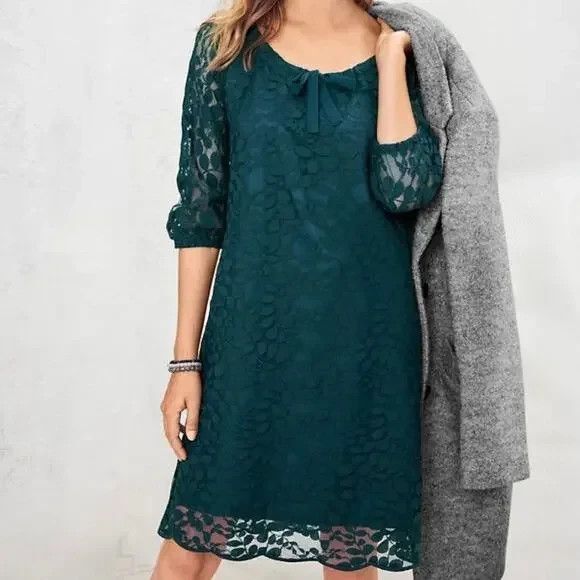 Garnet Hill Bohème Easy Lace Dress in Teal Green Bishop Sleeve 8 - Picture 2 of 15